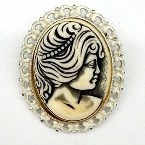Vintage Carved Cameo Style Lady Face Brooch Black Cream Gothic Pin